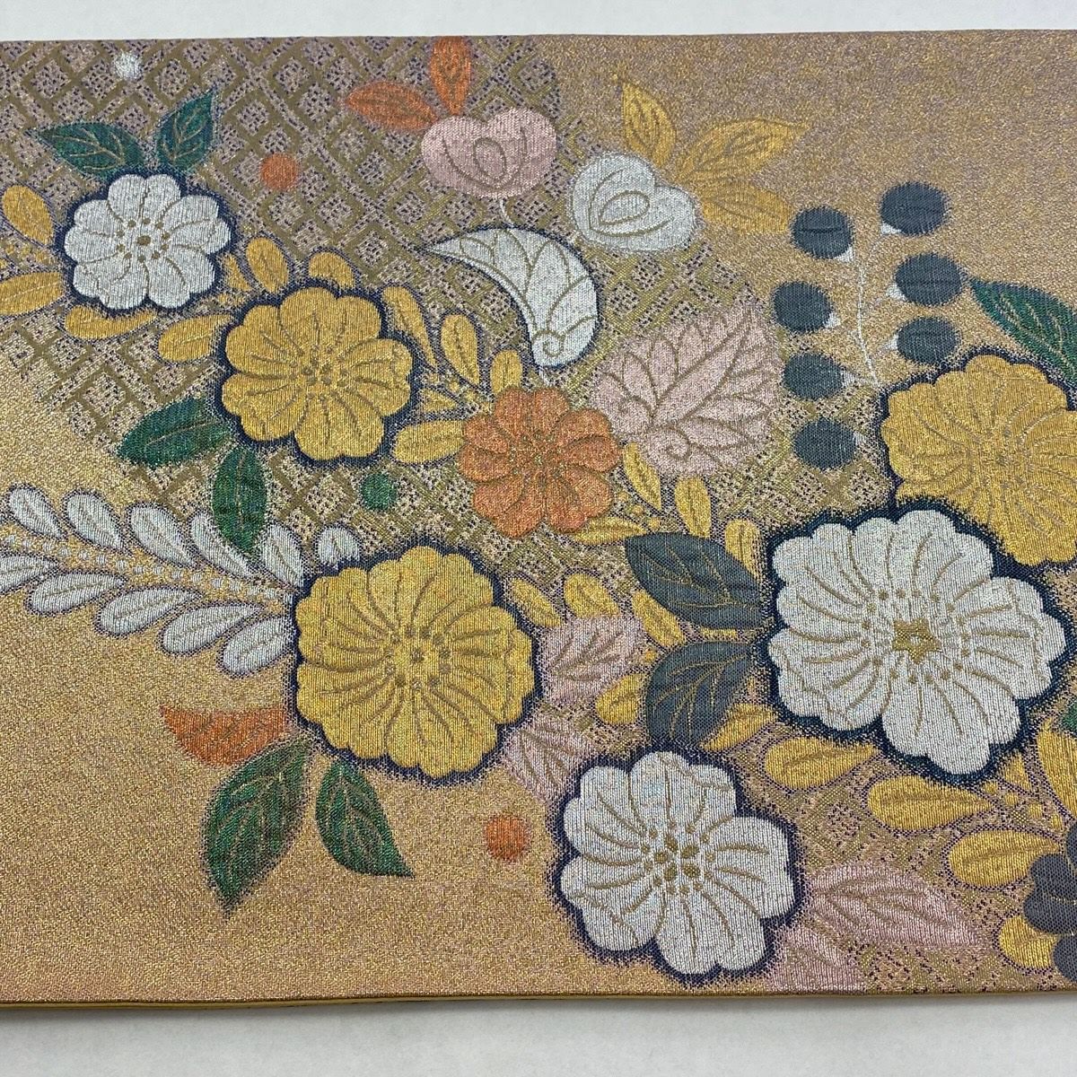 【美品】 袋帶 秀品級 辻花染 菱 金金箔 薄茶 六通 純蠶絲
