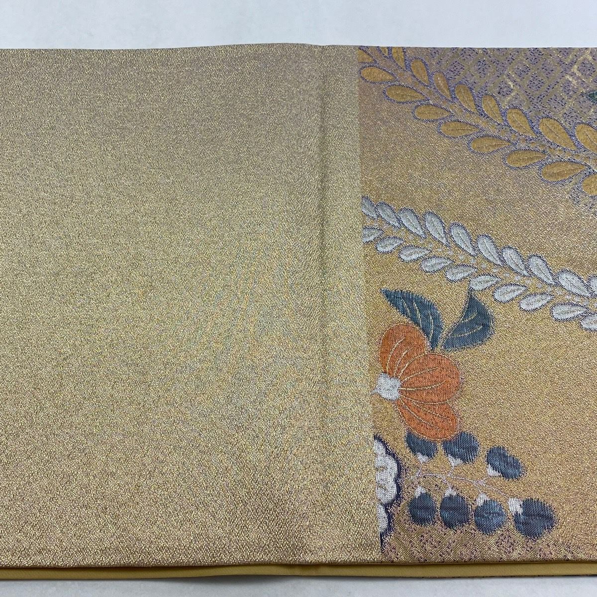 【美品】 袋帶 秀品級 辻花染 菱 金金箔 薄茶 六通 純蠶絲