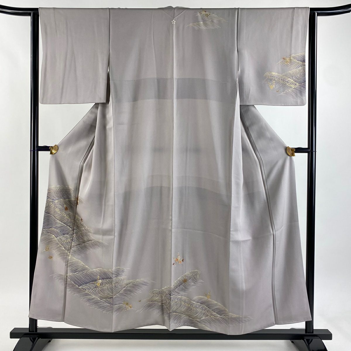 付下 身長155cm 袖長63cm S 雙層 千總 落款あり 波 梅花 刺繡 金彩裝飾 灰紫 純蠶絲 逸品級 一つ紋