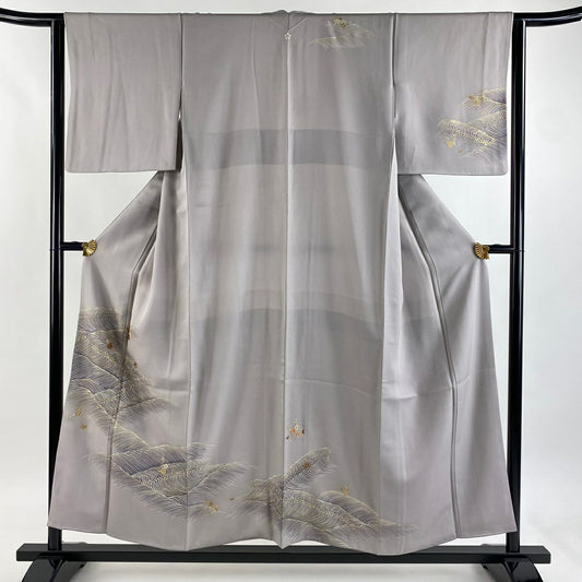 付下 身長155cm 袖長63cm S 雙層 千總 落款あり 波 梅花 刺繡 金彩裝飾 灰紫 純蠶絲 逸品級 一つ紋