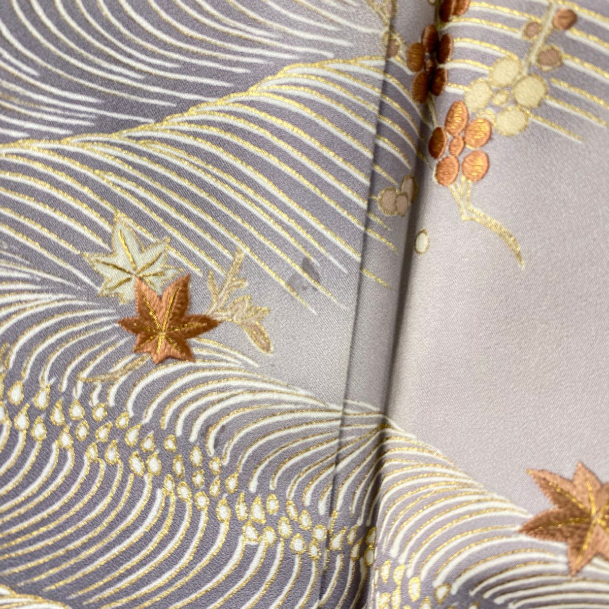 付下 身長155cm 袖長63cm S 雙層 千總 落款あり 波 梅花 刺繡 金彩裝飾 灰紫 純蠶絲 逸品級 一つ紋