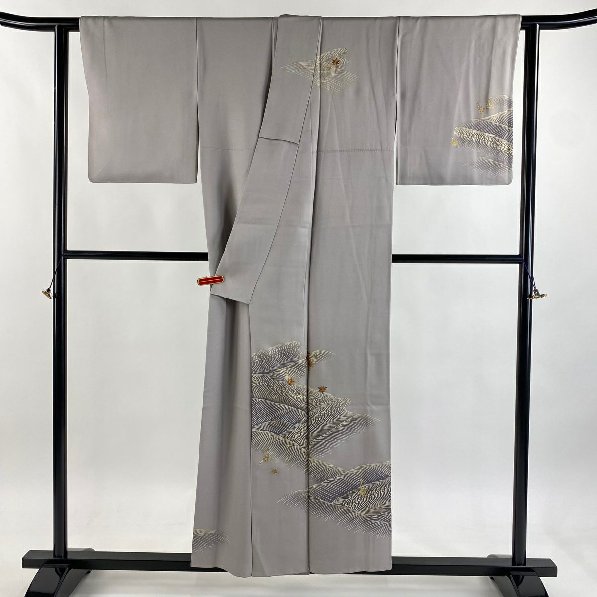 付下 身長155cm 袖長63cm S 雙層 千總 落款あり 波 梅花 刺繡 金彩裝飾 灰紫 純蠶絲 逸品級 一つ紋