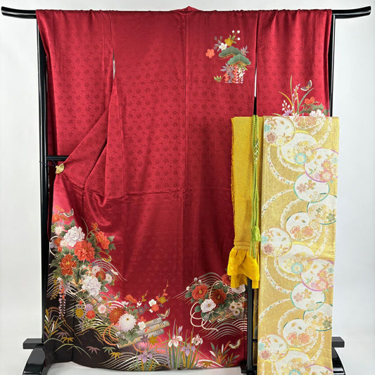 【美品】振袖禮服 身長169cm 袖長67.5cm L 雙層 袋帶全套 花筏 蝶 金銀彩 染分 紅 純蠶絲 秀品級