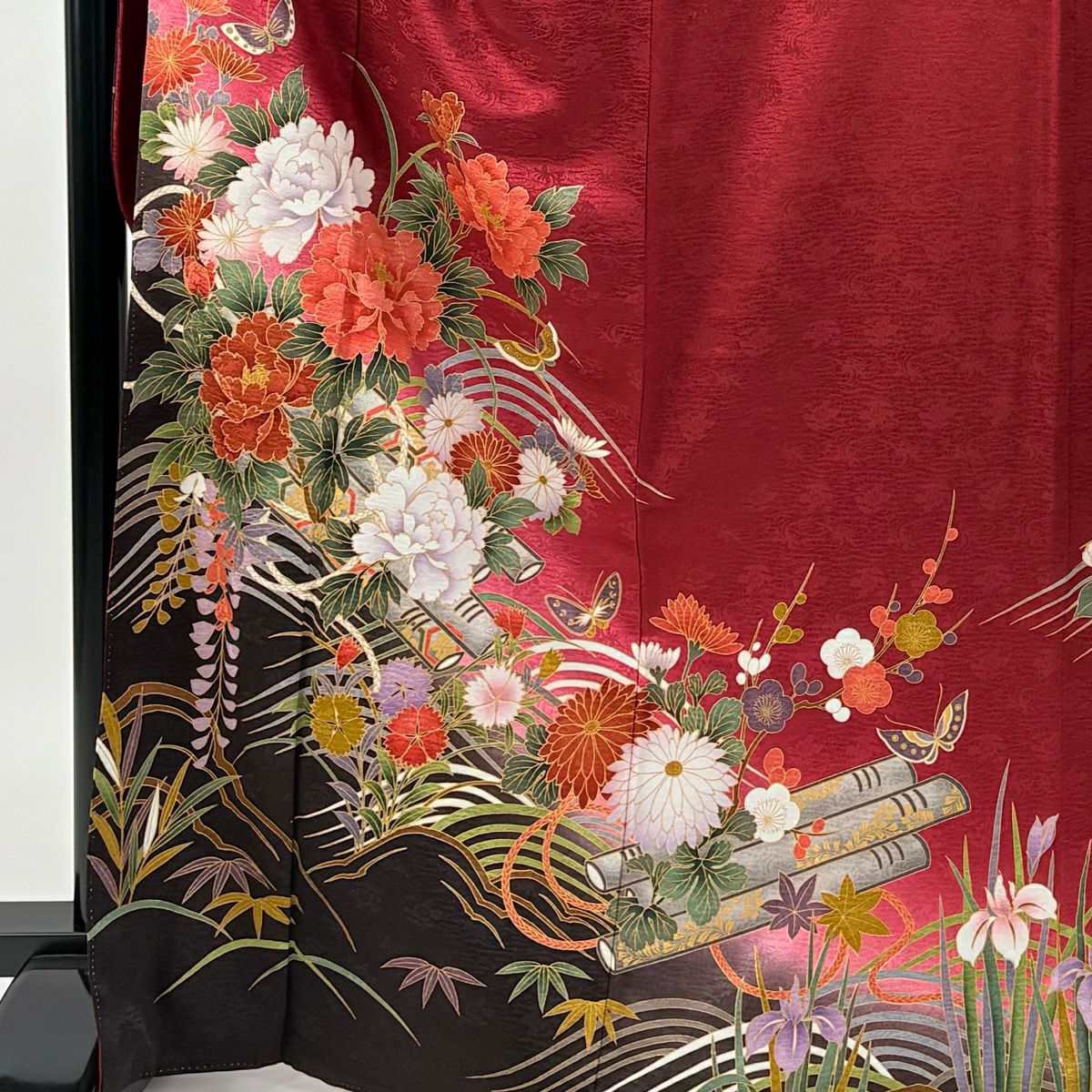 【美品】振袖禮服 身長169cm 袖長67.5cm L 雙層 袋帶全套 花筏 蝶 金銀彩 染分 紅 純蠶絲 秀品級