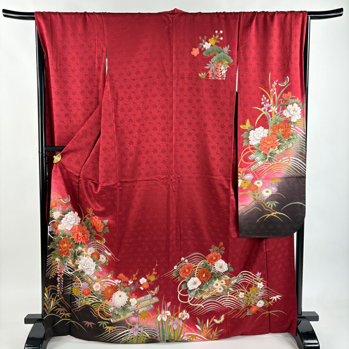 【美品】振袖禮服 身長169cm 袖長67.5cm L 雙層 袋帶全套 花筏 蝶 金銀彩 染分 紅 純蠶絲 秀品級