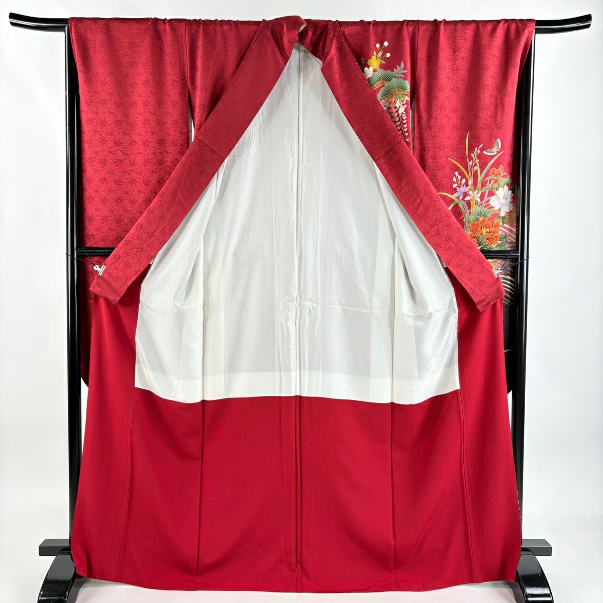 【美品】振袖禮服 身長169cm 袖長67.5cm L 雙層 袋帶全套 花筏 蝶 金銀彩 染分 紅 純蠶絲 秀品級