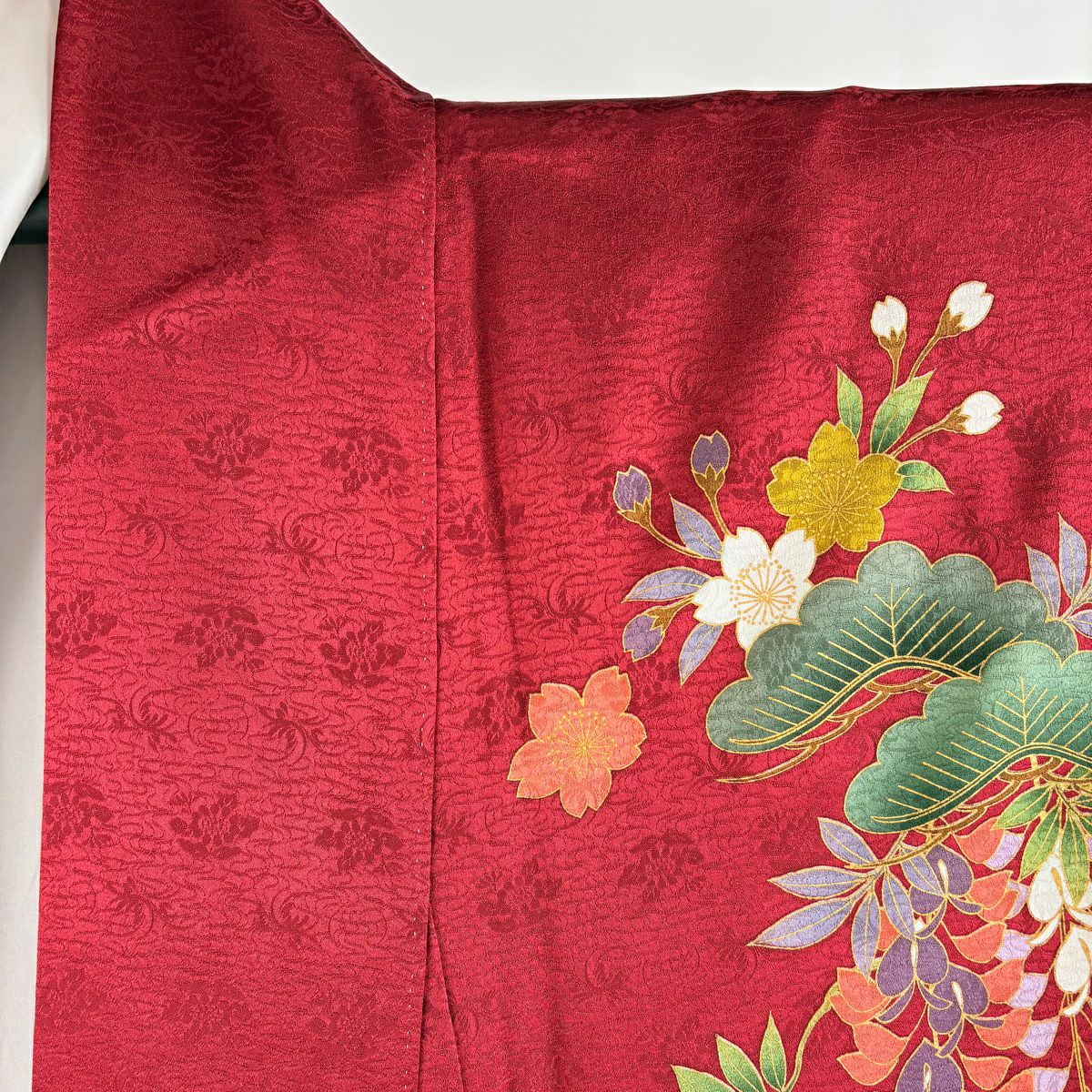 【美品】振袖禮服 身長169cm 袖長67.5cm L 雙層 袋帶全套 花筏 蝶 金銀彩 染分 紅 純蠶絲 秀品級