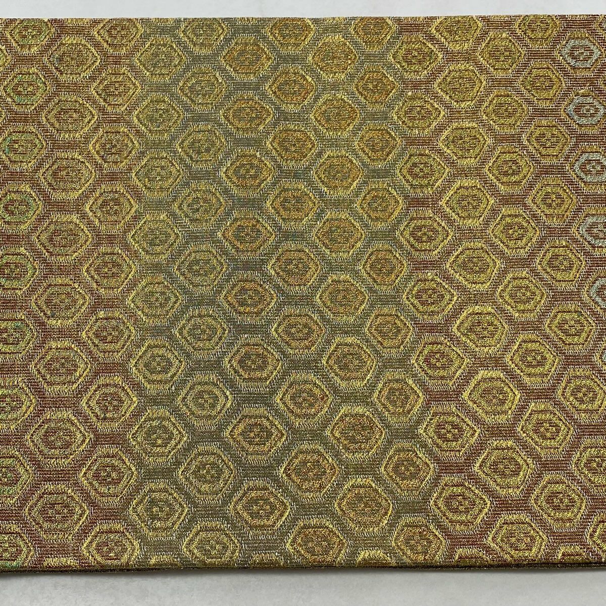 【美品】 袋帶 逸品級 桝屋高尾 有落款 ねん金綴錦 龜甲 段縞 金金箔 金色 六通 純蠶絲