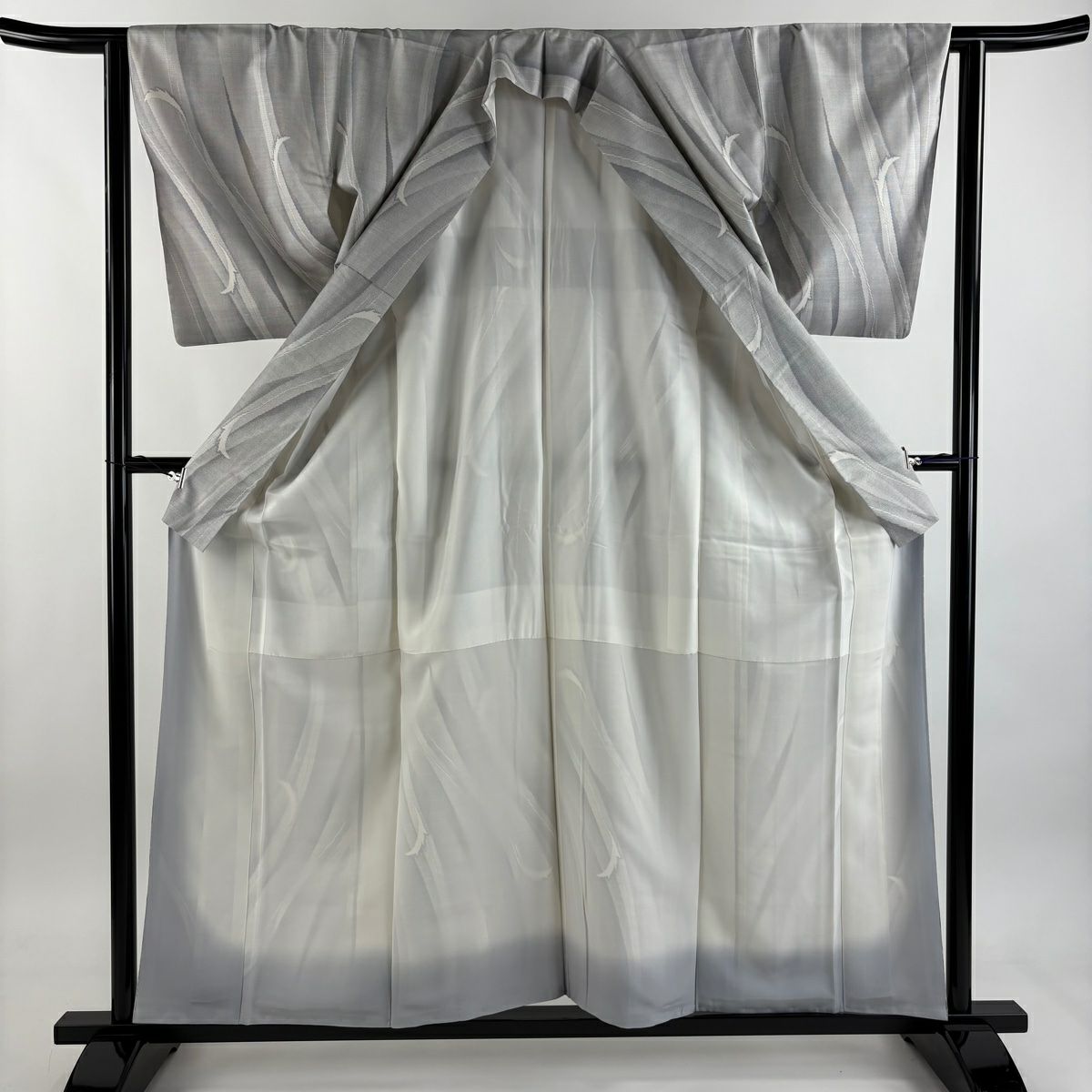 【美品】 大島紬織 身長158cm 袖長63cm S 雙層 ほていや 證書在側 幾何學圖案 灰色 純蠶絲 逸品級