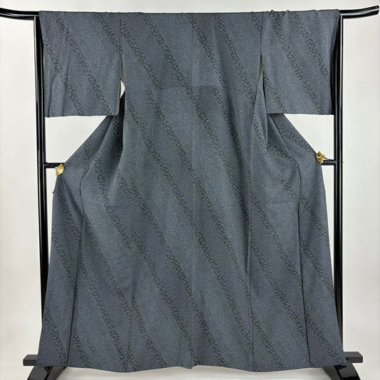 【美品】 小紋 身長161cm 袖長66cm M 雙層 小花 笹 深藍 純蠶絲 名品級