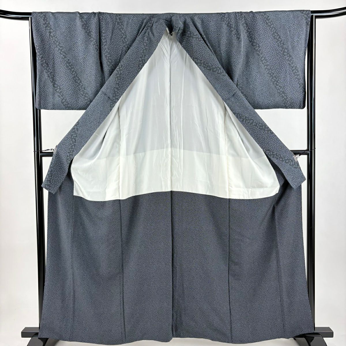 【美品】 小紋 身長161cm 袖長66cm M 雙層 小花 笹 深藍 純蠶絲 名品級
