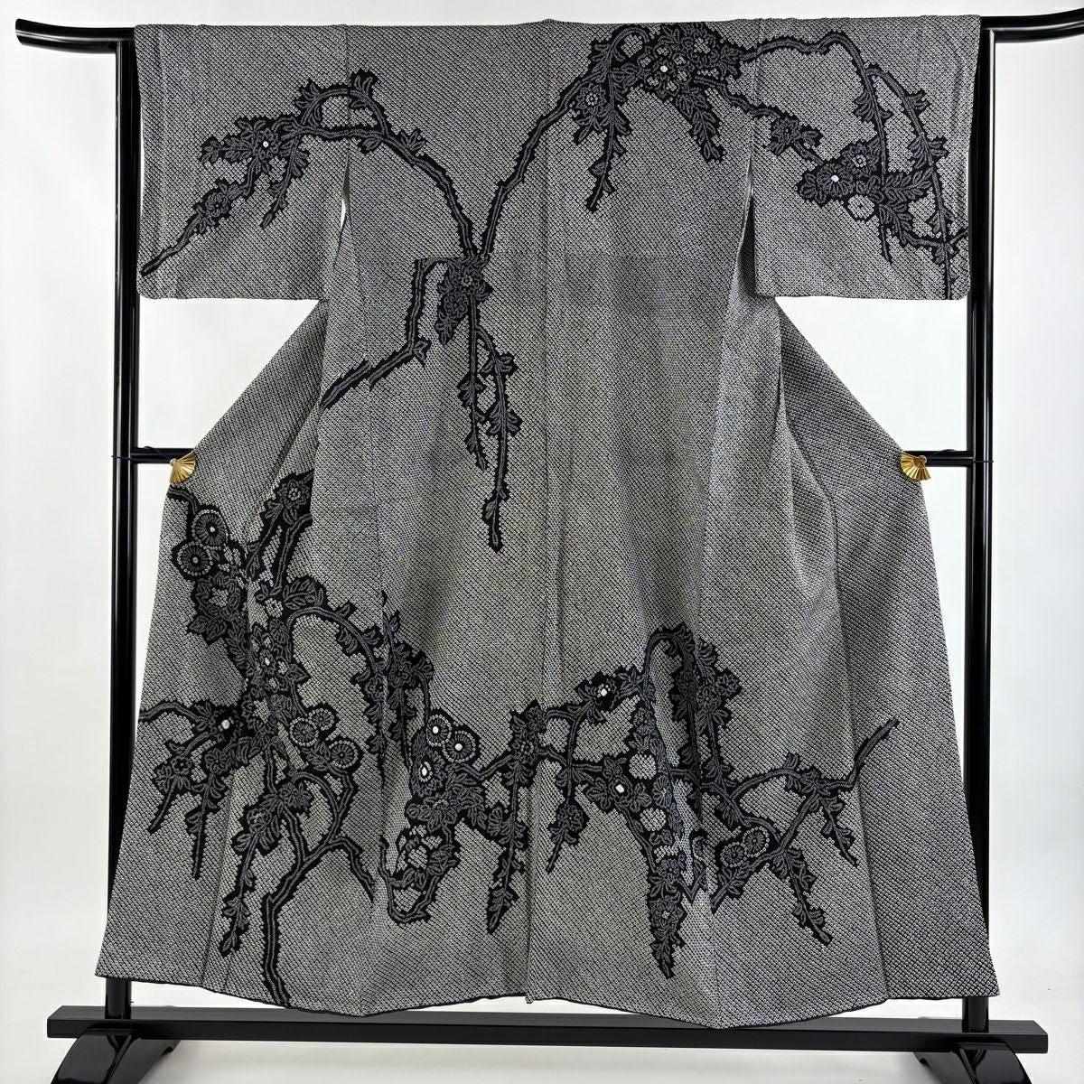 【美品】訪問服 身長153cm 袖長63.5cm S 雙層 枝花 總絞染 黑灰 純蠶絲 秀品級