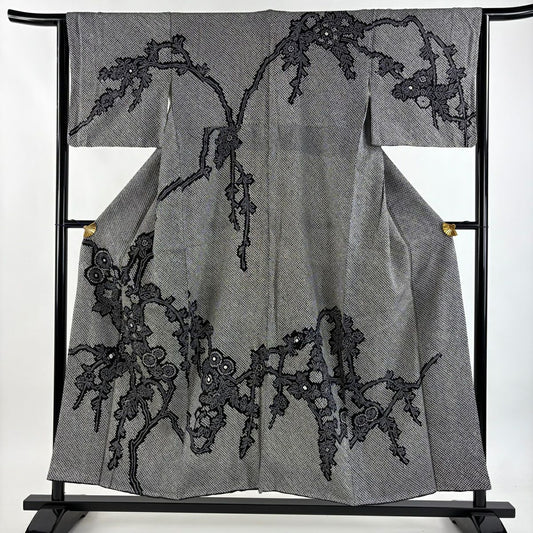 【美品】訪問服 身長153cm 袖長63.5cm S 雙層 枝花 總絞染 黑灰 純蠶絲 秀品級