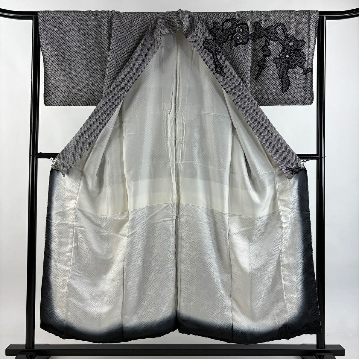 【美品】訪問服 身長153cm 袖長63.5cm S 雙層 枝花 總絞染 黑灰 純蠶絲 秀品級