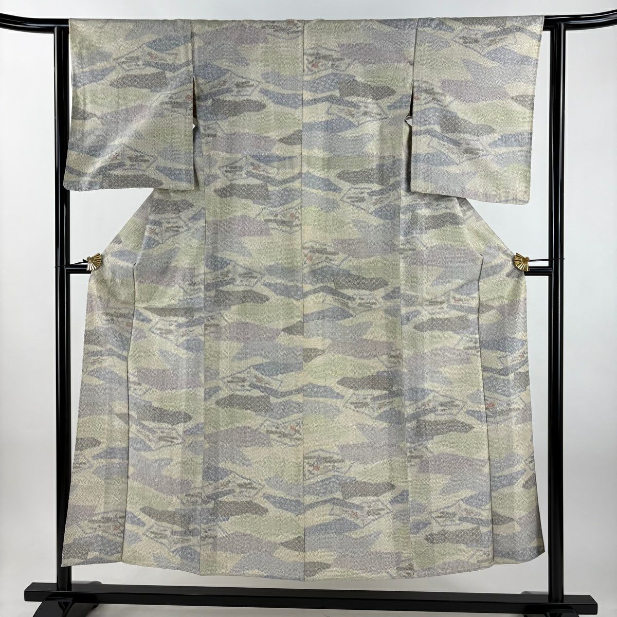 【美品】 紬織 身長153cm 袖長61.5cm S 單層 草花紋紋 幾何圖案 米色 純蠶絲 優品級