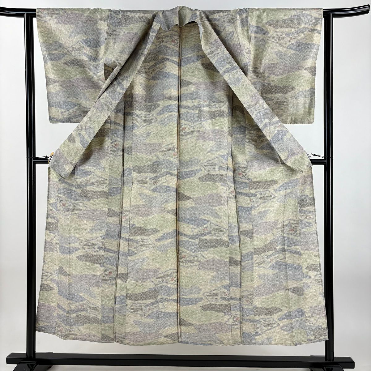 【美品】 紬織 身長153cm 袖長61.5cm S 單層 草花紋紋 幾何圖案 米色 純蠶絲 優品級