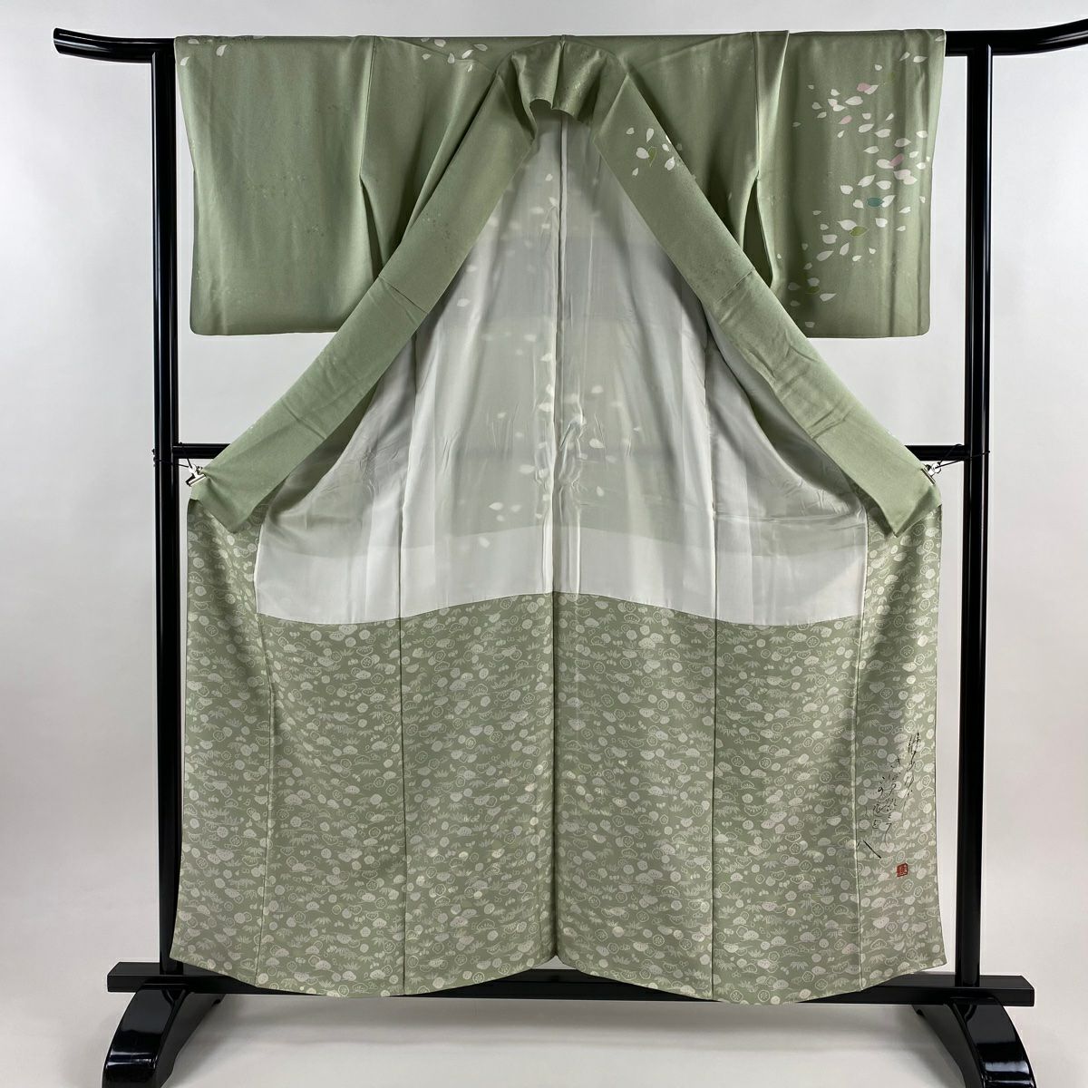 訪問服 身長160cm 袖長62cm S 雙層 落款あり 櫻花花瓣 地紋 染分 灰綠 純蠶絲 秀品級