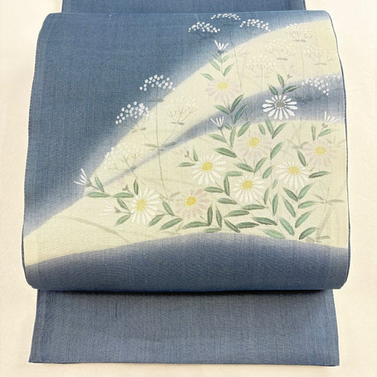 【美品】 袋帶 名品級 夏帶 草花紋 金彩裝飾 青灰 純蠶絲