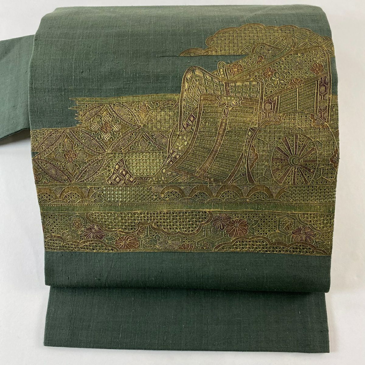 【美品】名古屋帶 秀品級 紬織織 御所車 雲文 刺繡 金絲 深綠 純蠶絲