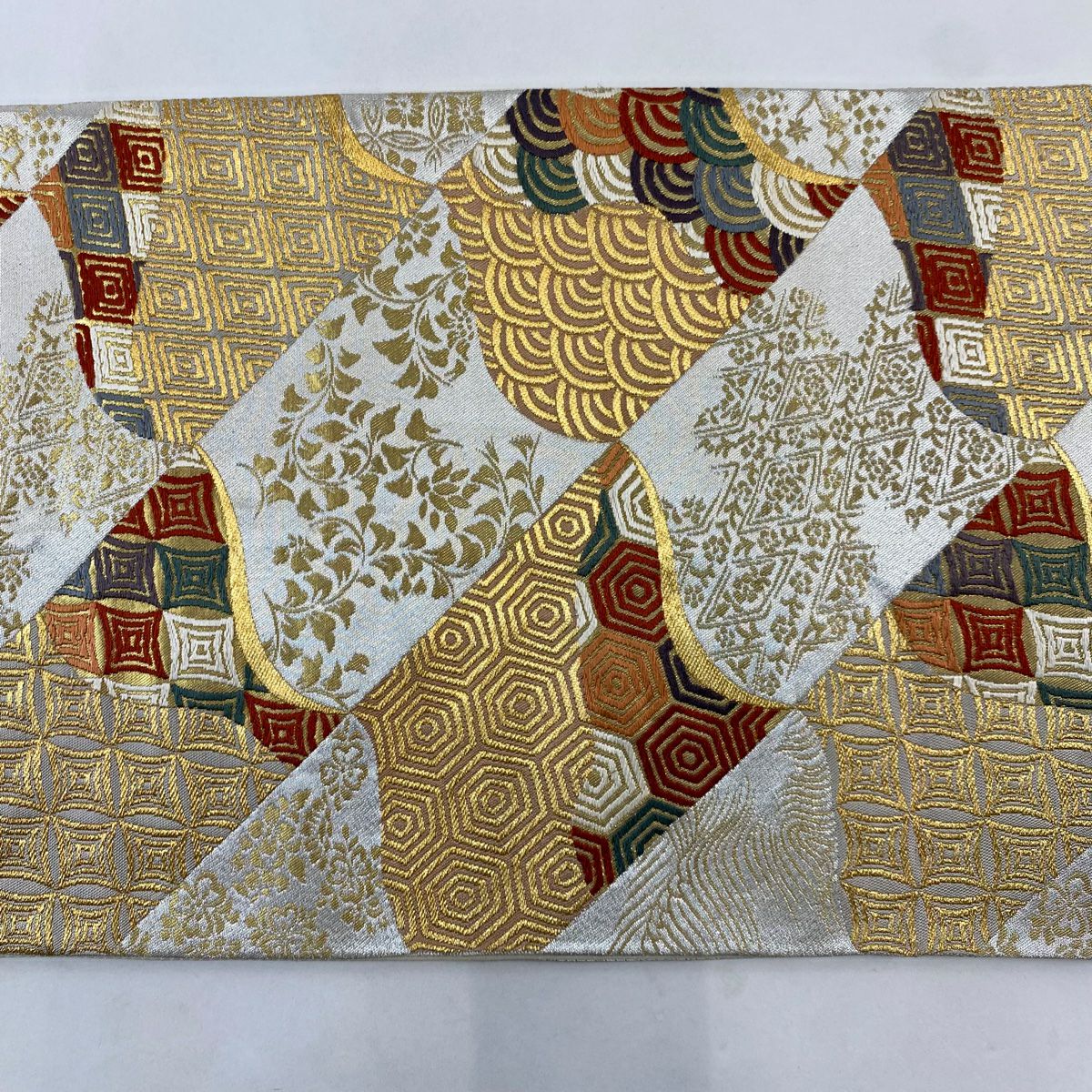 袋帶 秀品級 龜甲 葉紋 金金箔 金絲 灰色 六通 純蠶絲