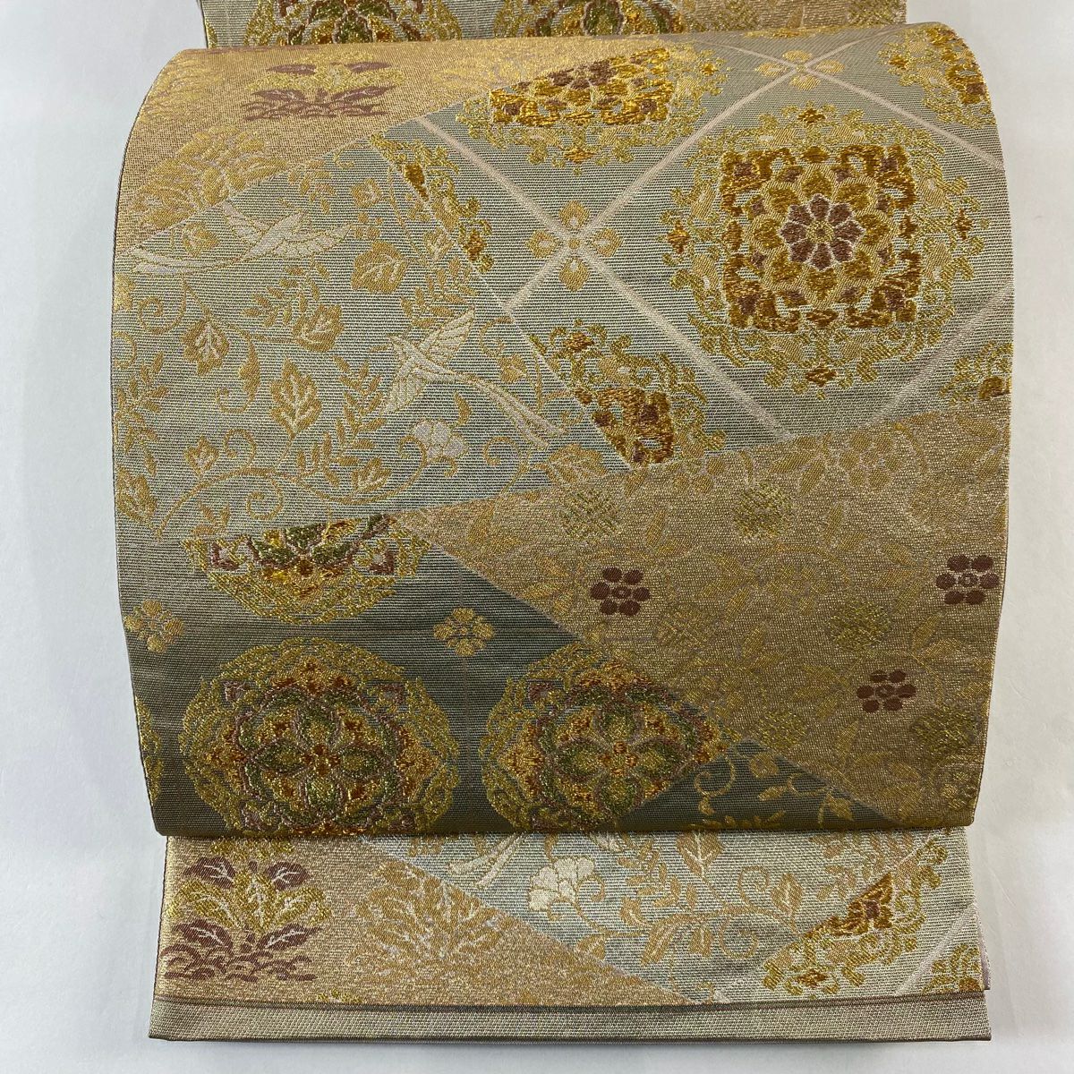 【美品】 袋帶 秀品級 證書齊全 關西仕立 華紋 花鳥 金絲 金金箔 灰茶 六通 純蠶絲