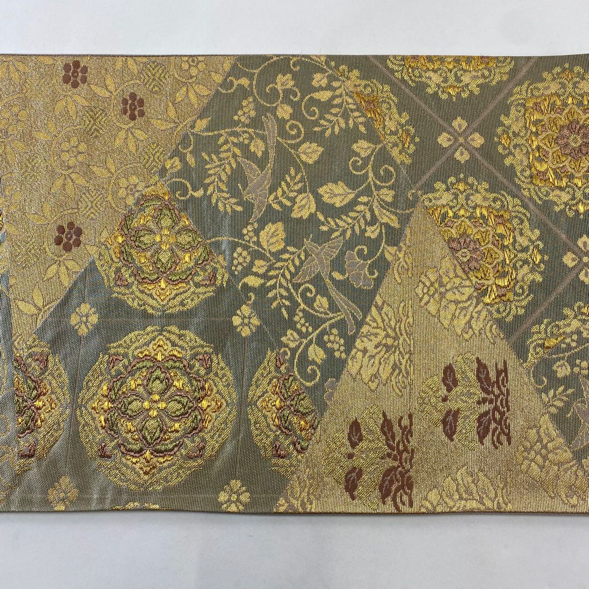 【美品】 袋帶 秀品級 證書齊全 關西仕立 華紋 花鳥 金絲 金金箔 灰茶 六通 純蠶絲