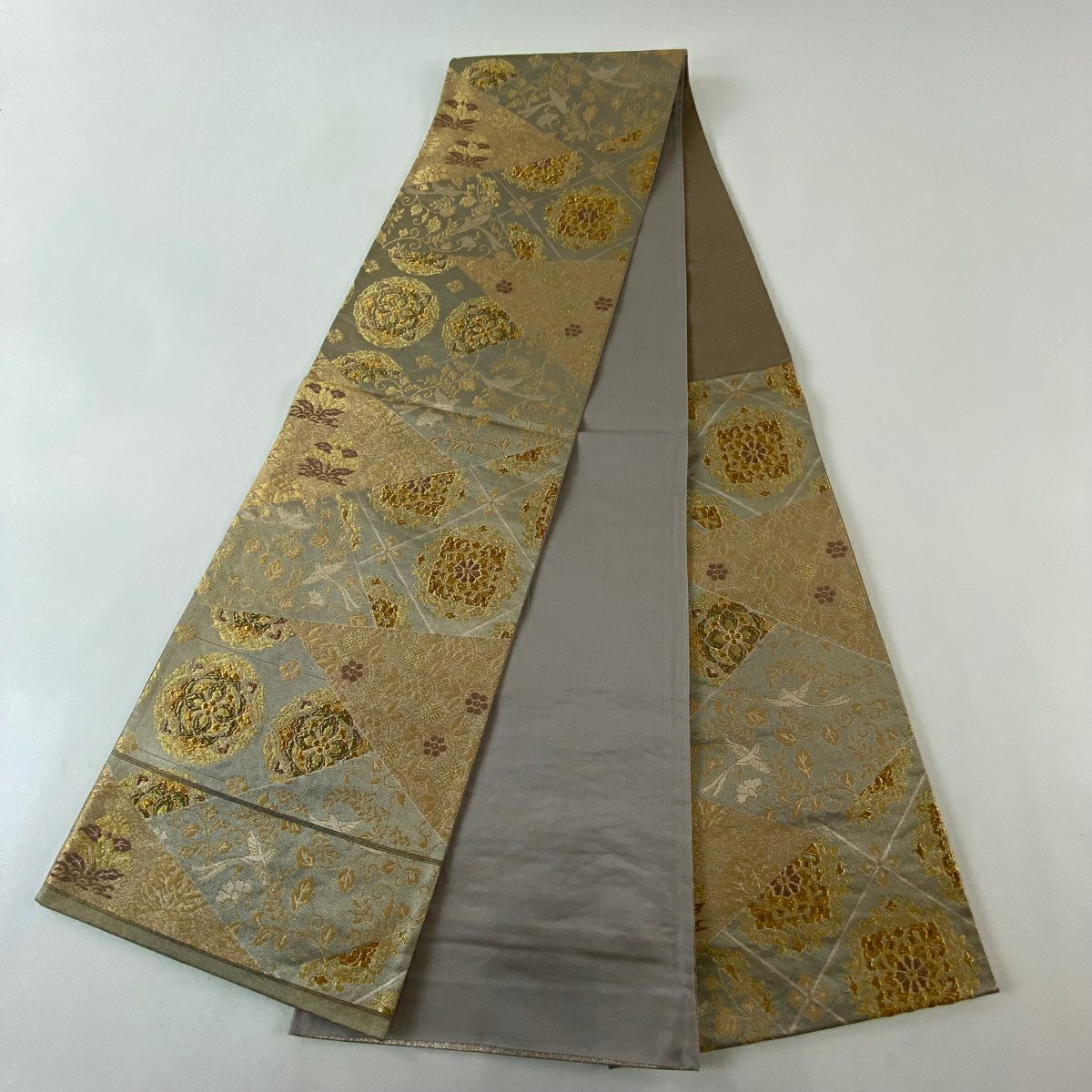 【美品】 袋帶 秀品級 證書齊全 關西仕立 華紋 花鳥 金絲 金金箔 灰茶 六通 純蠶絲
