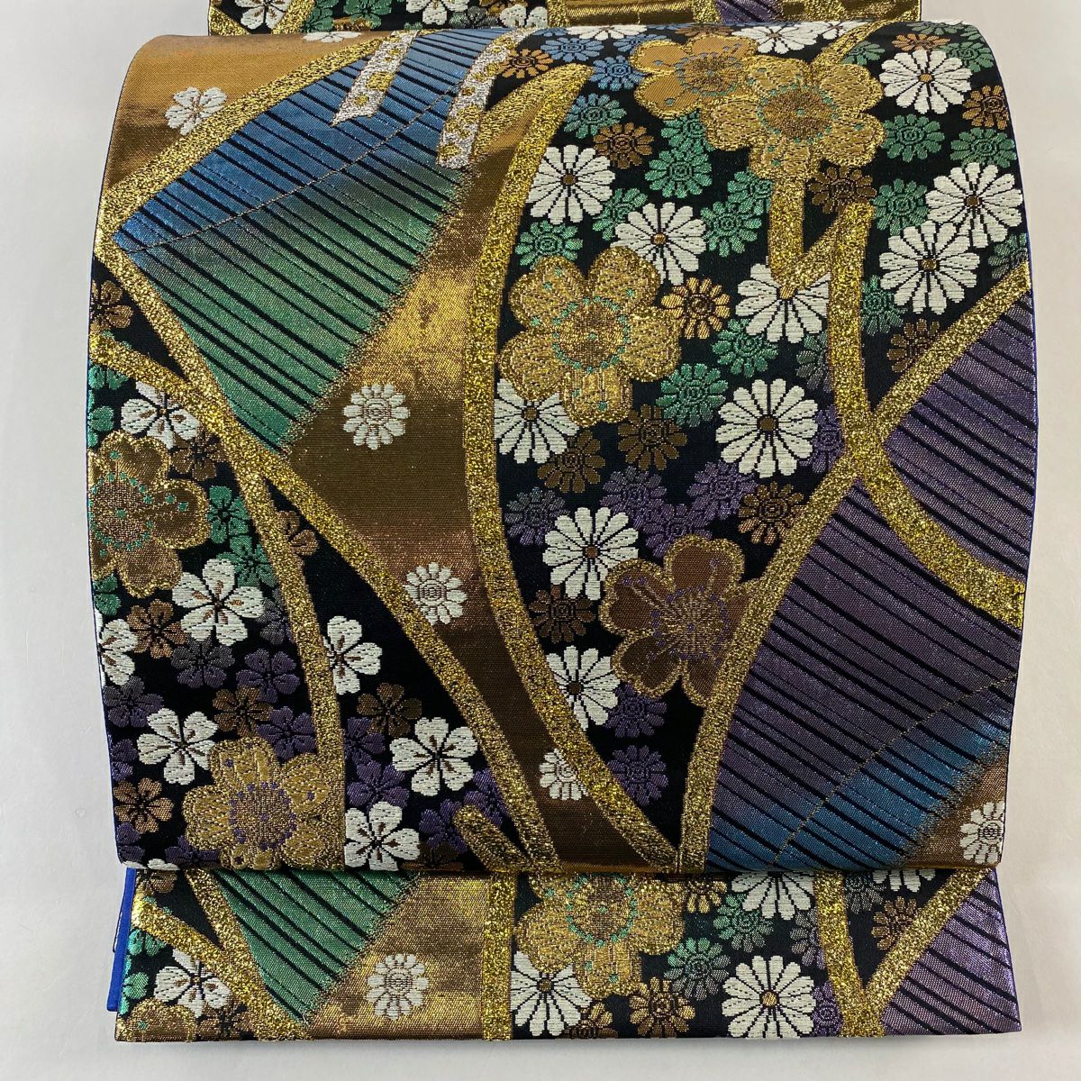 【美品】 袋帶 秀品級櫻花 菊花花 金絲 金金箔 黑色 六通 純蠶絲