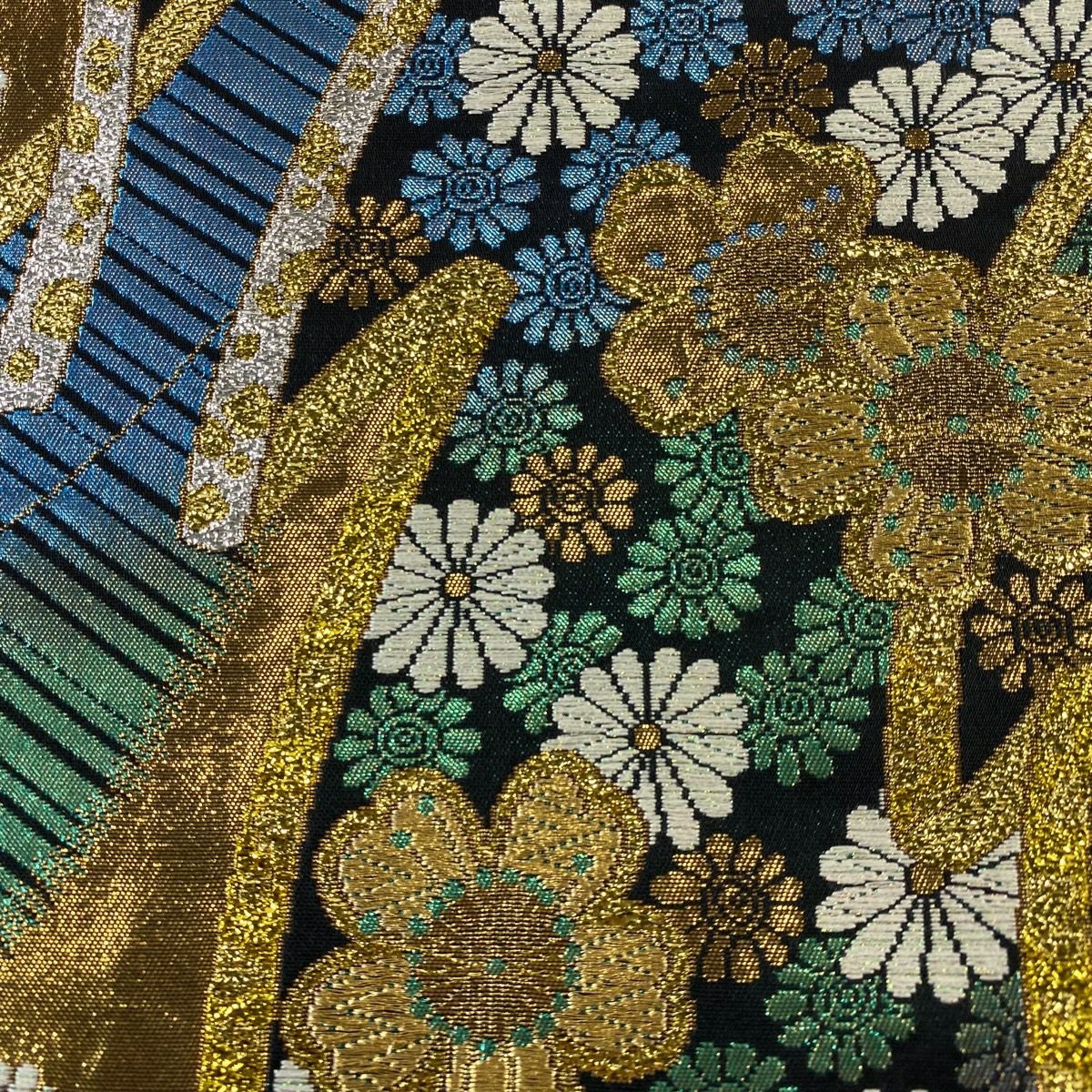 【美品】 袋帶 秀品級櫻花 菊花花 金絲 金金箔 黑色 六通 純蠶絲