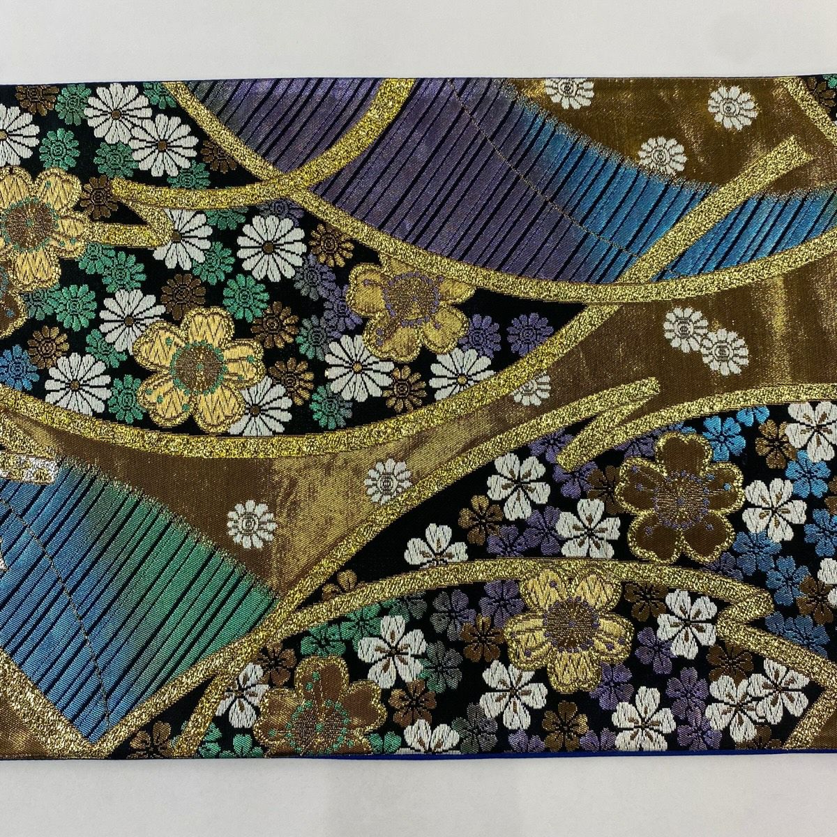 【美品】 袋帶 秀品級櫻花 菊花花 金絲 金金箔 黑色 六通 純蠶絲