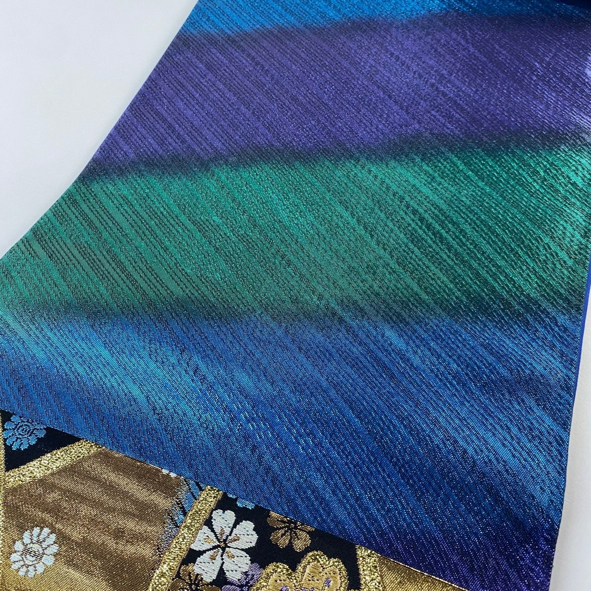 【美品】 袋帶 秀品級櫻花 菊花花 金絲 金金箔 黑色 六通 純蠶絲
