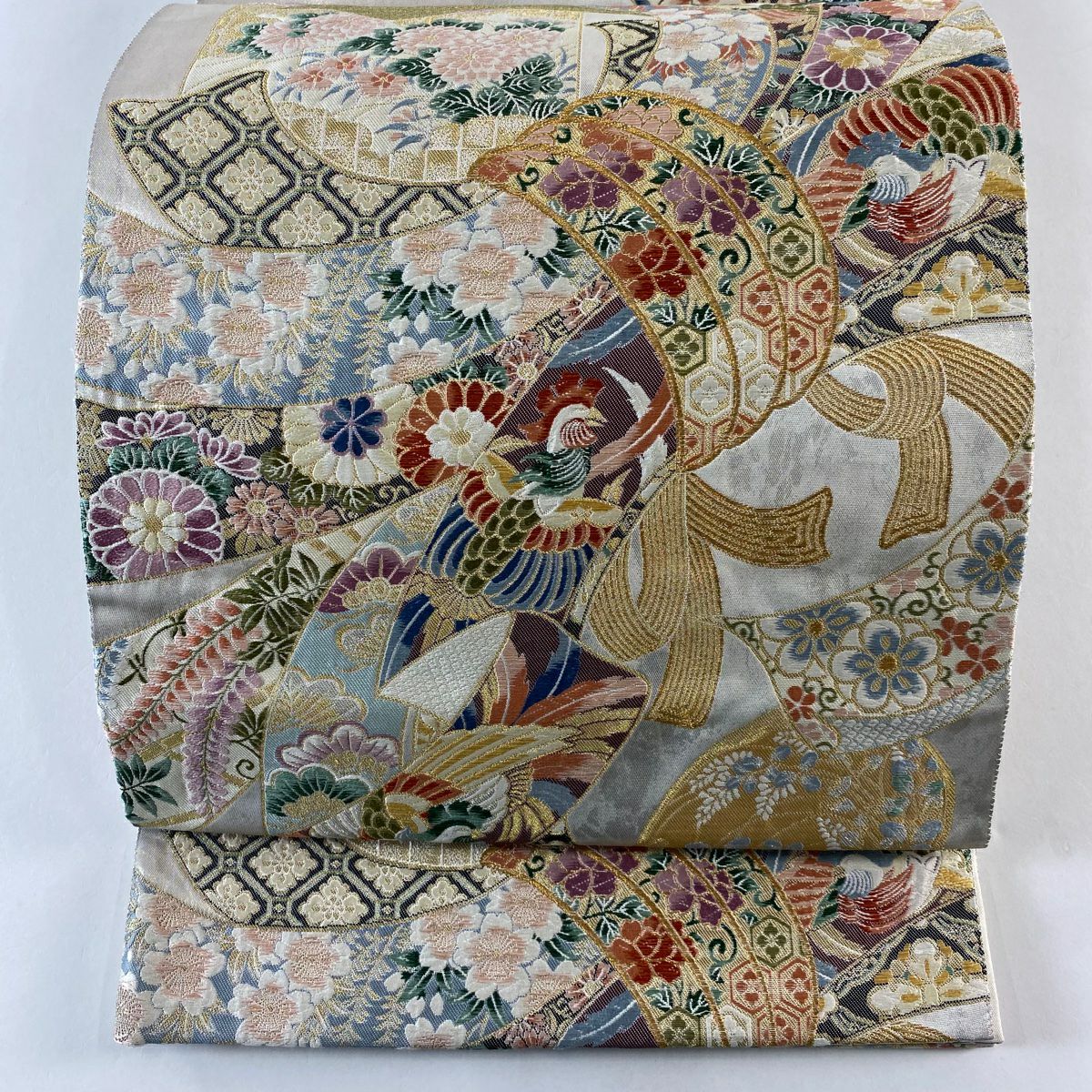 【美品】 袋帶 秀品級 束捲熨斗紋 花鳥 金銀線 金金箔 米色 大鼓圖案 純蠶絲