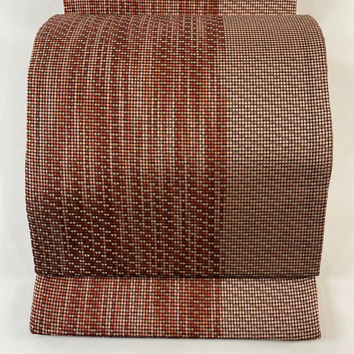 【美品】 袋帶 秀品級 格子 金金箔 茜 純蠶絲