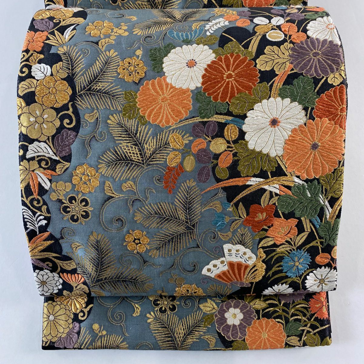 袋帶 秀品級 秋草 松樹竹子梅花 金糸 刺繡 黑 六通 純蠶絲