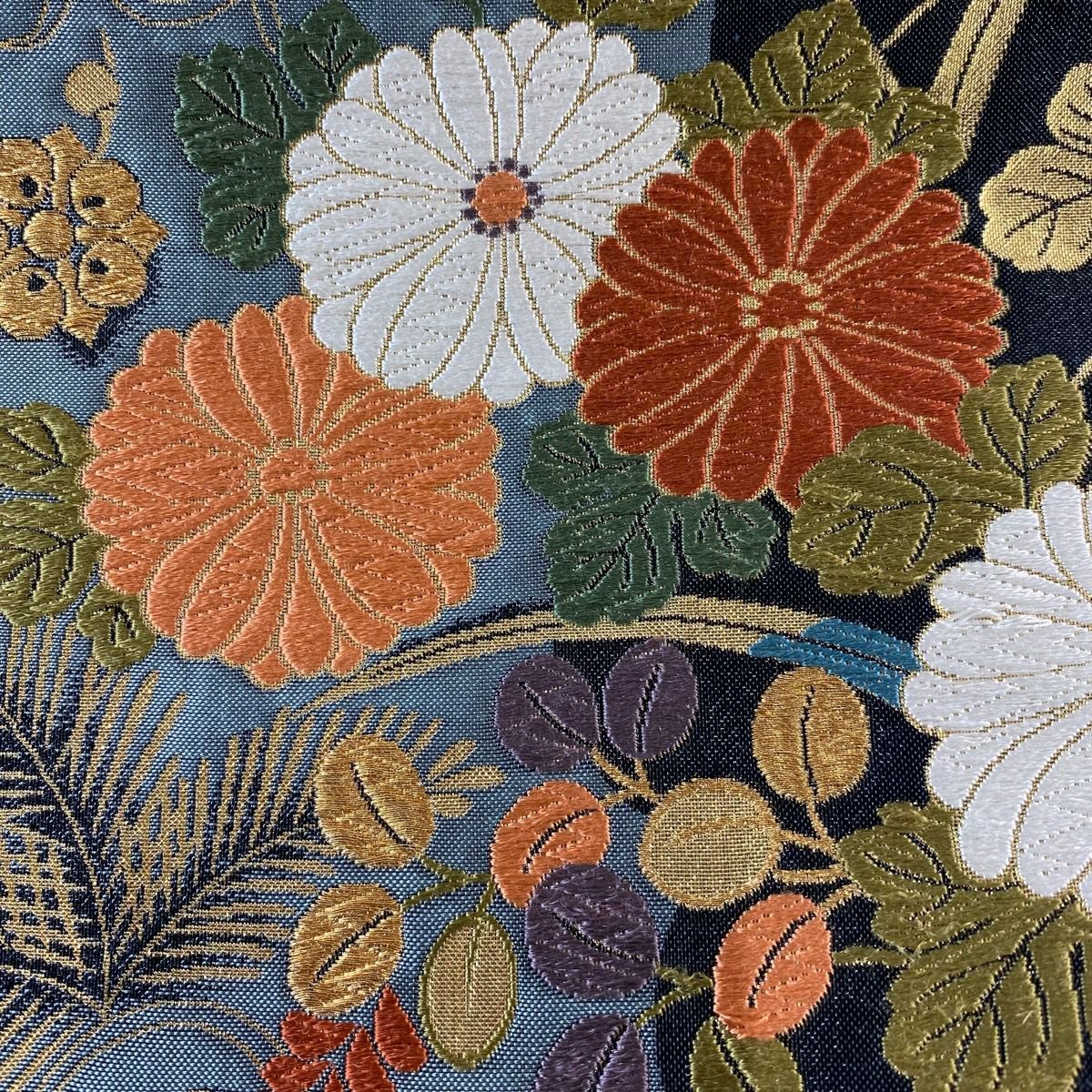 袋帶 秀品級 秋草 松樹竹子梅花 金糸 刺繡 黑 六通 純蠶絲