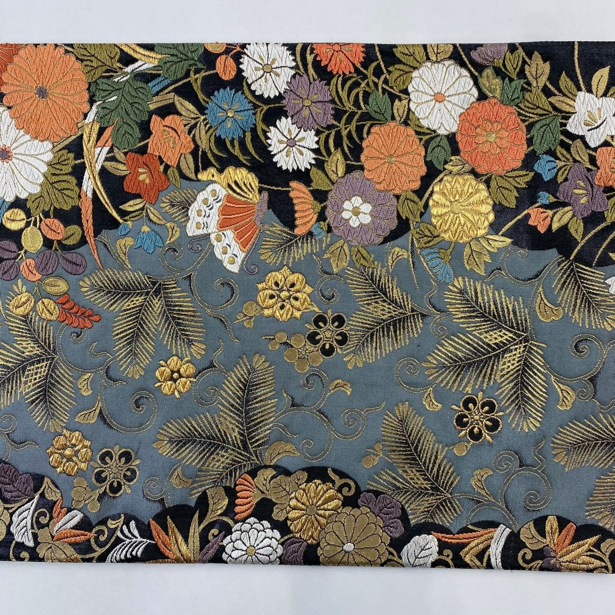 袋帶 秀品級 秋草 松樹竹子梅花 金糸 刺繡 黑 六通 純蠶絲