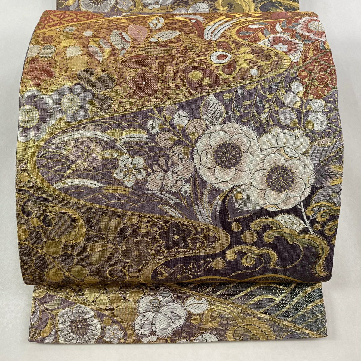 【美品】 袋帶 優品級 辻花染圖案 流水 金金箔 淺紫 六通 純蠶絲