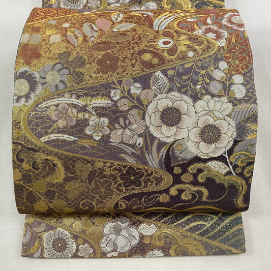 【美品】 袋帶 優品級 辻花染圖案 流水 金金箔 淺紫 六通 純蠶絲