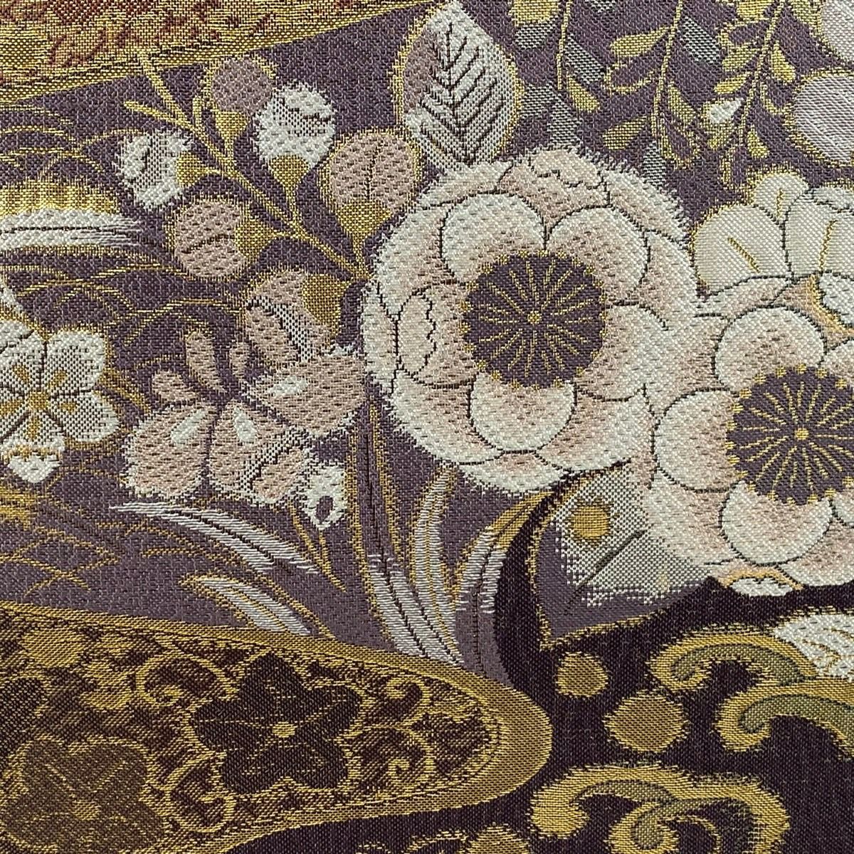 【美品】 袋帶 優品級 辻花染圖案 流水 金金箔 淺紫 六通 純蠶絲