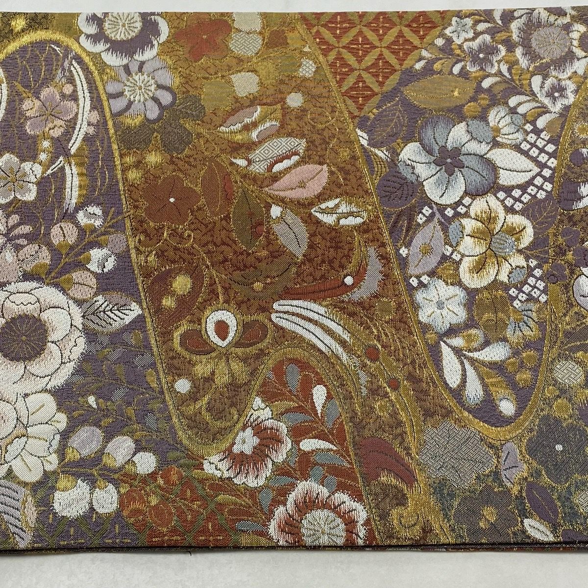 【美品】 袋帶 優品級 辻花染圖案 流水 金金箔 淺紫 六通 純蠶絲