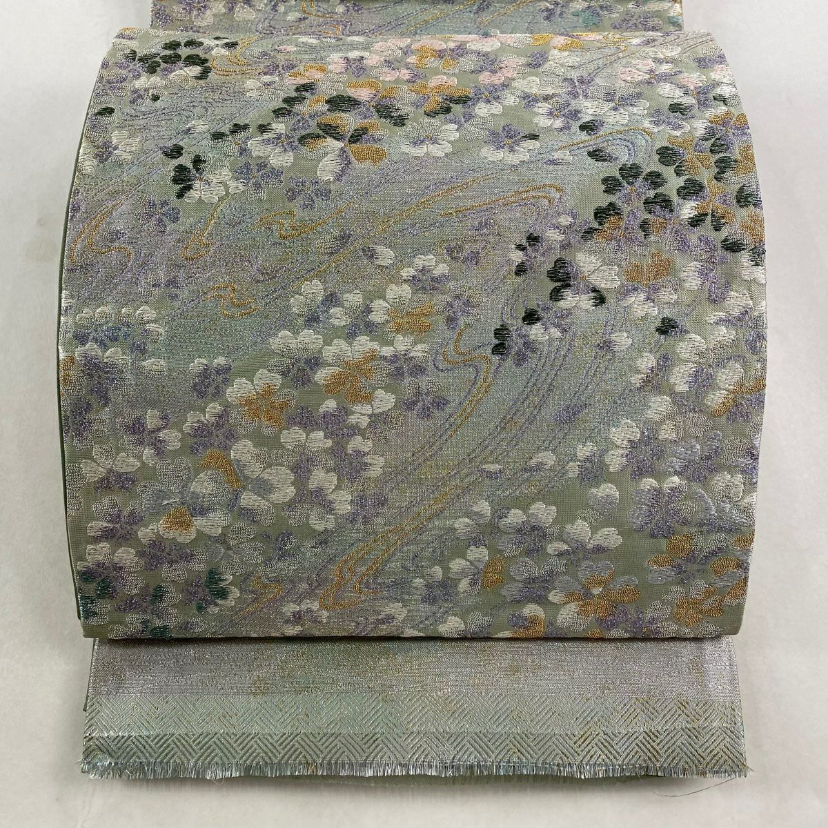 【美品】 袋帶 秀品級 樱花 流水 金金箔 金銀彩 淺綠 六通 純蠶絲