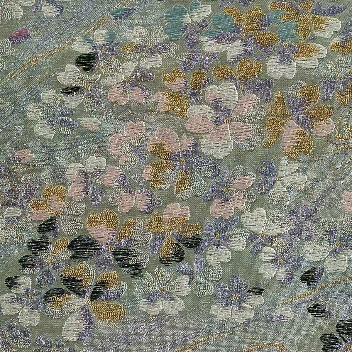 【美品】 袋帶 秀品級 樱花 流水 金金箔 金銀彩 淺綠 六通 純蠶絲