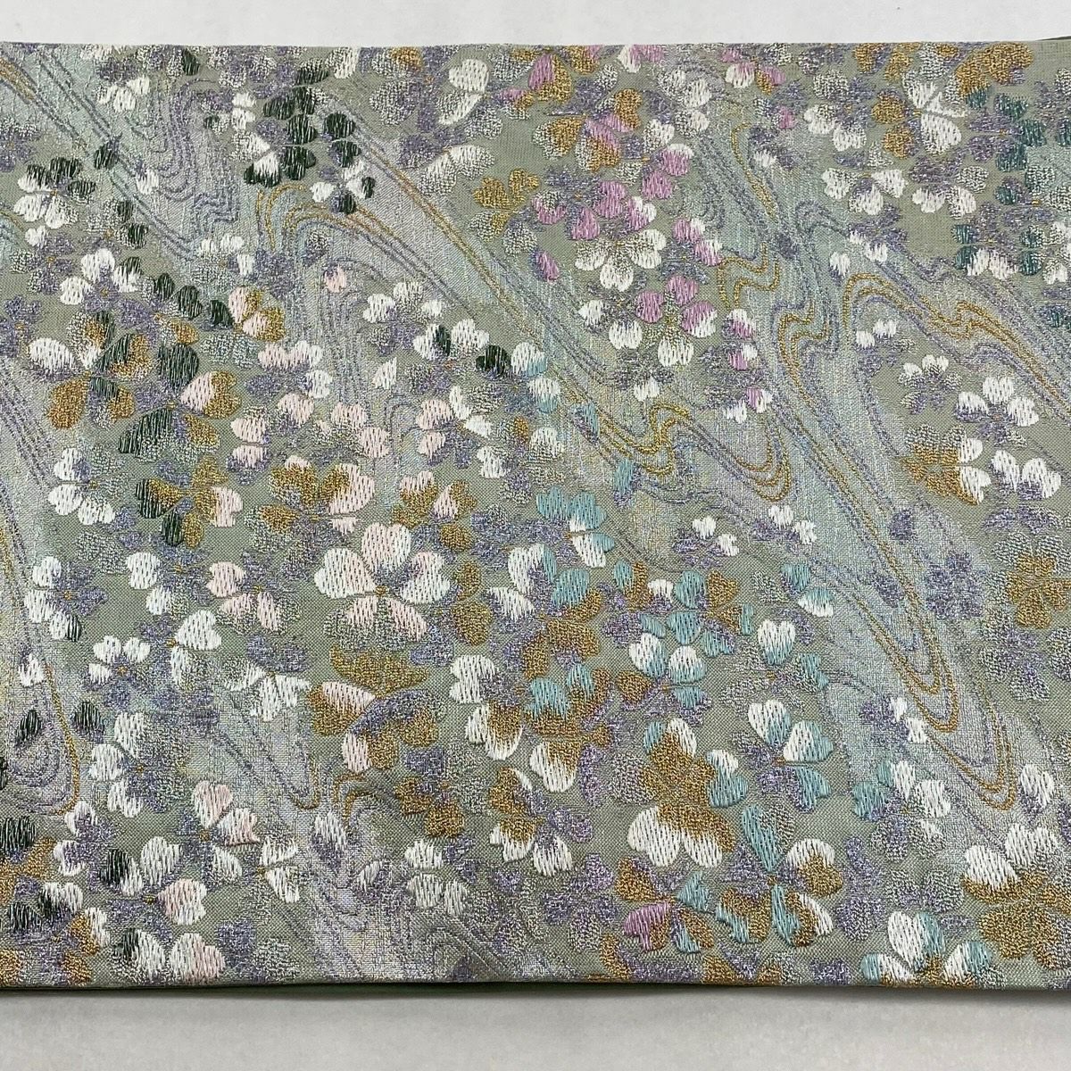 【美品】 袋帶 秀品級 樱花 流水 金金箔 金銀彩 淺綠 六通 純蠶絲