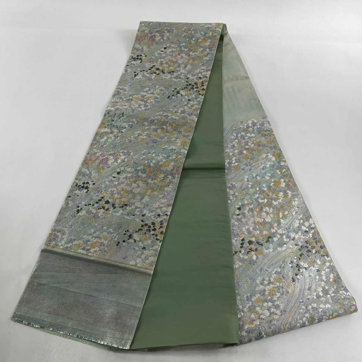 【美品】 袋帶 秀品級 樱花 流水 金金箔 金銀彩 淺綠 六通 純蠶絲