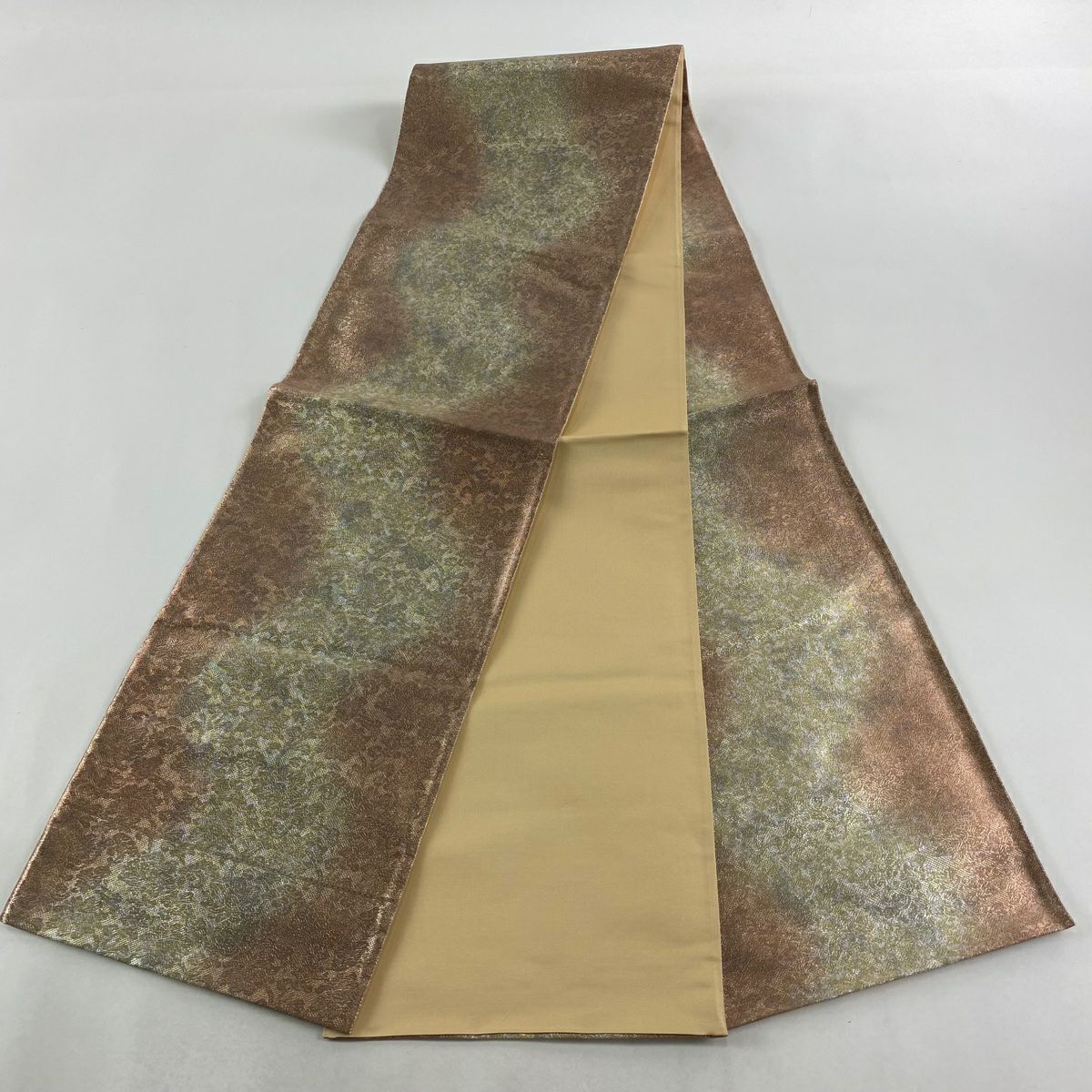 【美品】 袋帶 秀品級 證書齊全 漸變圖案 草花紋紋 金金箔 淺茶 全通 純蠶絲