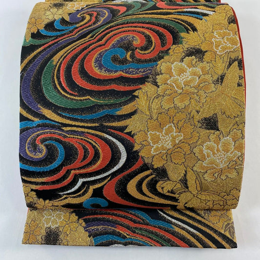 【美品】 袋帶 優品級 草花紋 蝶 金金箔 金銀絲 黑 六通 純蠶絲