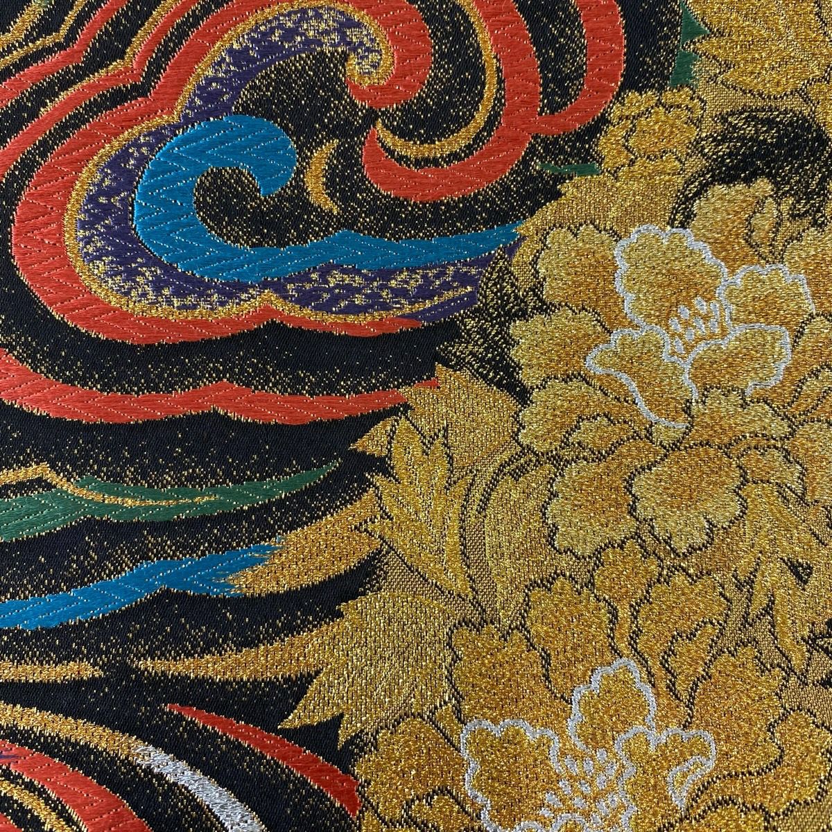 【美品】 袋帶 優品級 草花紋 蝶 金金箔 金銀絲 黑 六通 純蠶絲