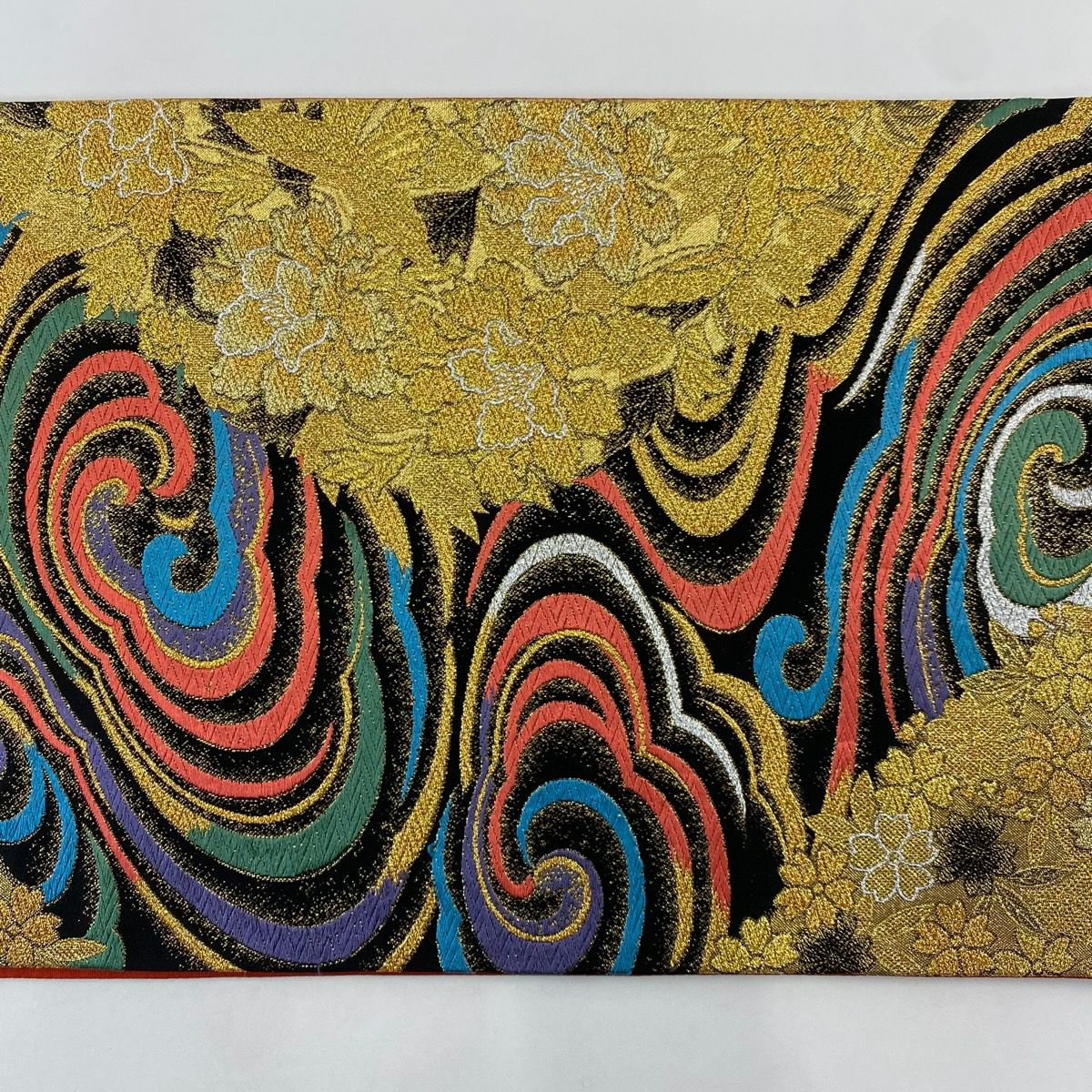 【美品】 袋帶 優品級 草花紋 蝶 金金箔 金銀絲 黑 六通 純蠶絲