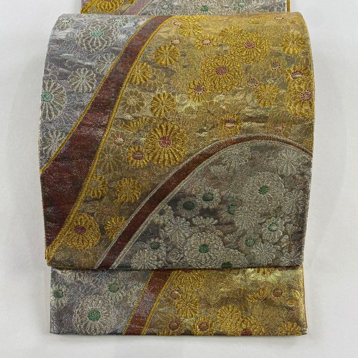 【美品】 袋帶 秀品級 菊花 草花紋 金銀絲 金金箔 金色 六通 純蠶絲
