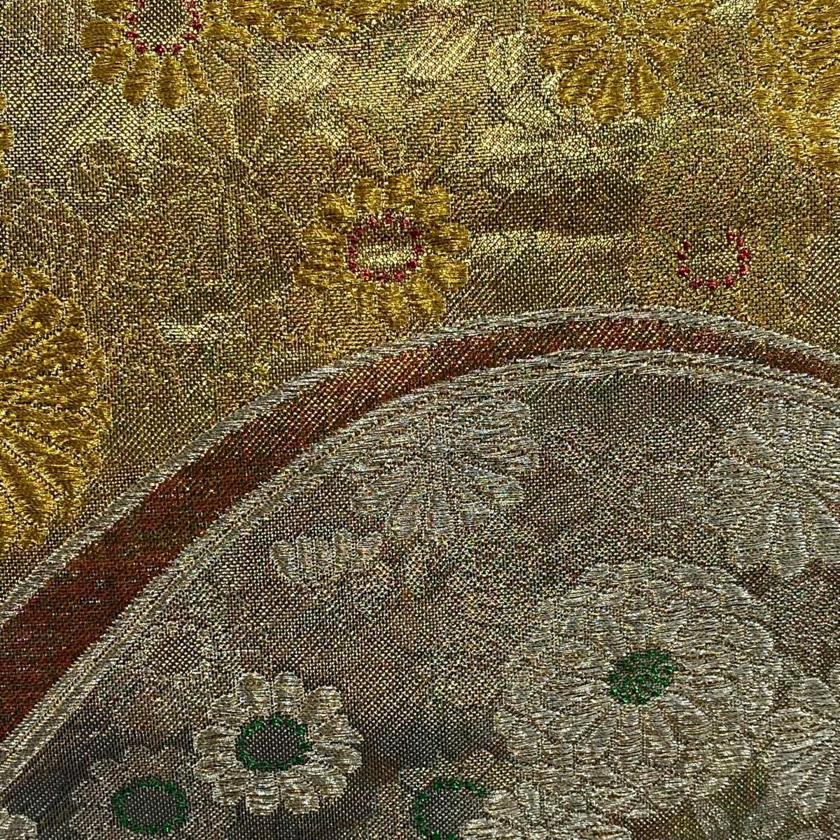 【美品】 袋帶 秀品級 菊花 草花紋 金銀絲 金金箔 金色 六通 純蠶絲